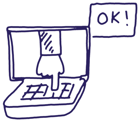 Hand-drawn laptop with a hand reaching out of the screen to press a key, and an OK! sign