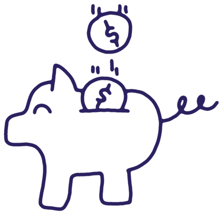 Hand-drawn piggy bank with coins dropping in