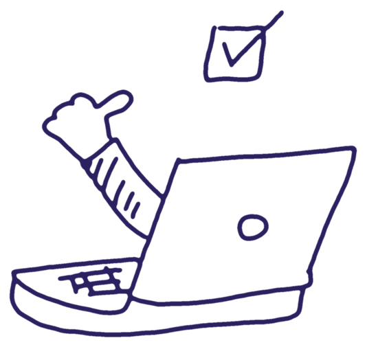 Hand-drawn laptop with an arm giving a thumbs up next to a ticked box